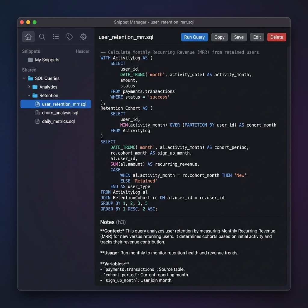 SQL snippet manager mockup